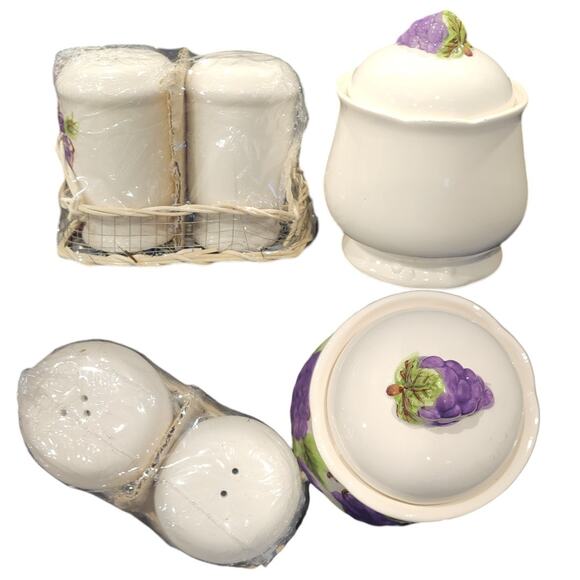 Grapevine Sugar Bowl with Lid, Salt & Pepper Shakers Condiment Set Grape Motif - Picture 3 of 5